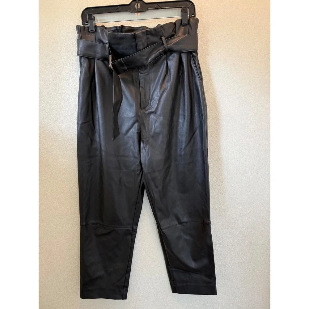 H&M Black Faux Leather Paperbag Waist Belted Tapered Pants Womens Size 8 Vegan
